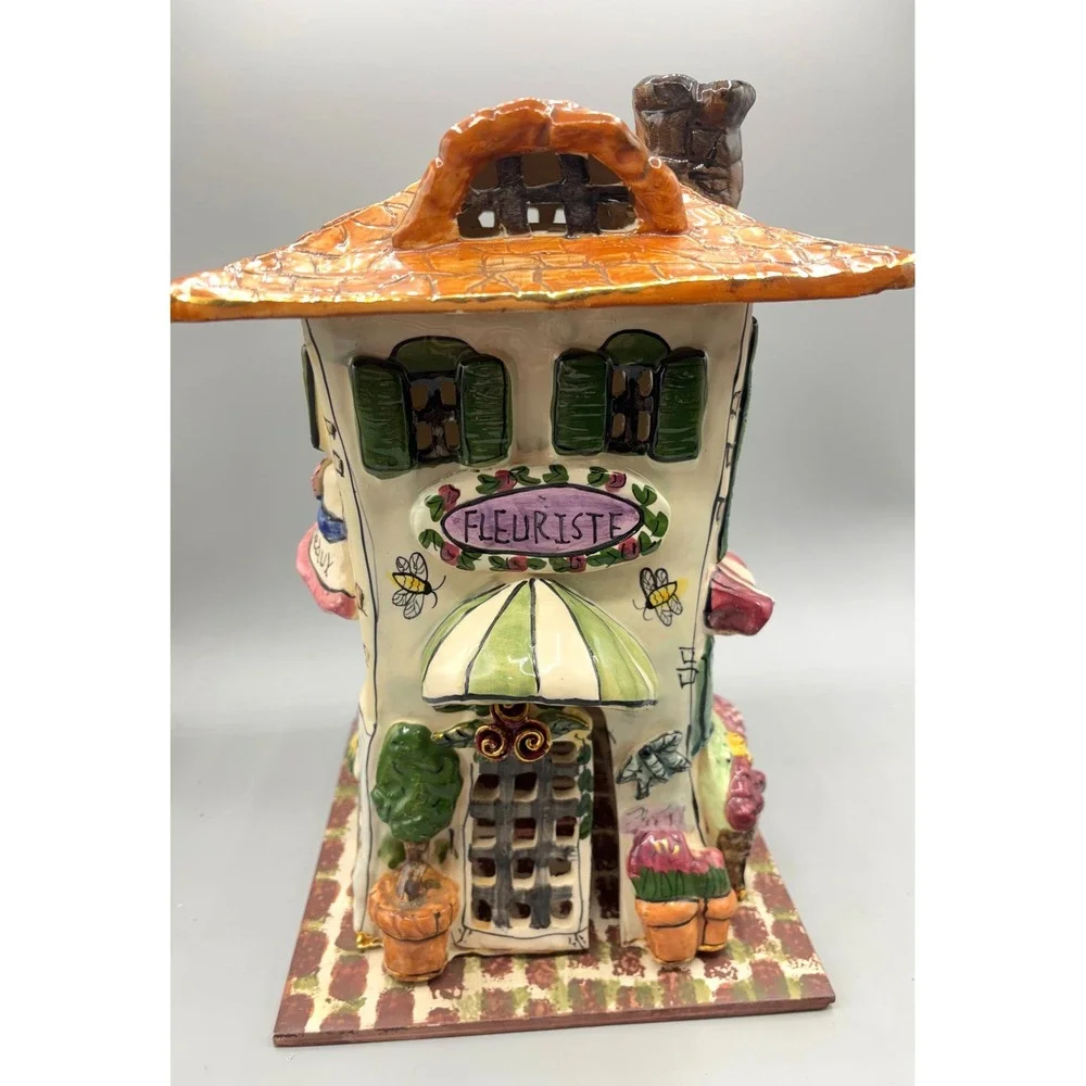 Heather Goldminc Blue Sky Hand Painted Ceramic French Village Fleuriste Luminary